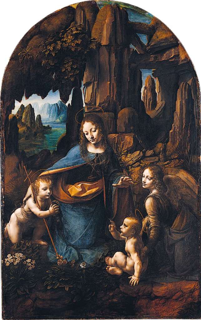 London National Gallery Top 20 05 Leonardo da Vinci - The Virgin Of The Rocks Leonardo da Vinci - The Virgin of the Rocks, 1508, 190 x 120 cm. Placing the Virgin Mary and the Christ child in a rocky cave was quite unconventional and controversial. The Virgin Mary, the Angel Uriel, Christ, and John the Baptist all form a triangle, each person somehow connected to the next. The Virgin Mary has her left hand extended carefully over the head of Christ, while Uriel is gently propping him up. At the same time, she is delicately pointing to John. The plants within the dark cavern symbolize the fertility and life that Mary represents, while the white flowers symbolize her purity. Leonardo's delicate use of colour and sfumato are beautiful examples of his advanced understanding of distance and depth. The artist�s Milanese clients must have worried about confusing the two infants, for a later hand has given John an identifying scroll and a cross clumsily rooted in one of Leonardo�s exquisite studies of plants.